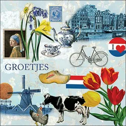 Ambiente 20 Servietten Papier 33x33cm 3-lagig - hochwertige Einweg Papierservietten Frühlingsservietten Niederlande Party Tischdeko Tulpen Windmühle Blauweiß