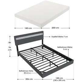 Juskys Schwebebett Lissabon 140 x 200 cm - mit Matratze, Schwebendes Design & LED-Beleuchtung - dunkelgrau