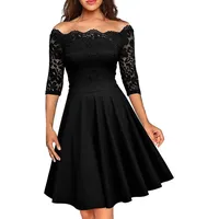 50s Rockabilly Retro Damen Kleider Halbarme Swing Cocktailkleider Party Abschlussball Elegant Abendkleid Knielang Spitzen Kleid, Schwarz - XXL