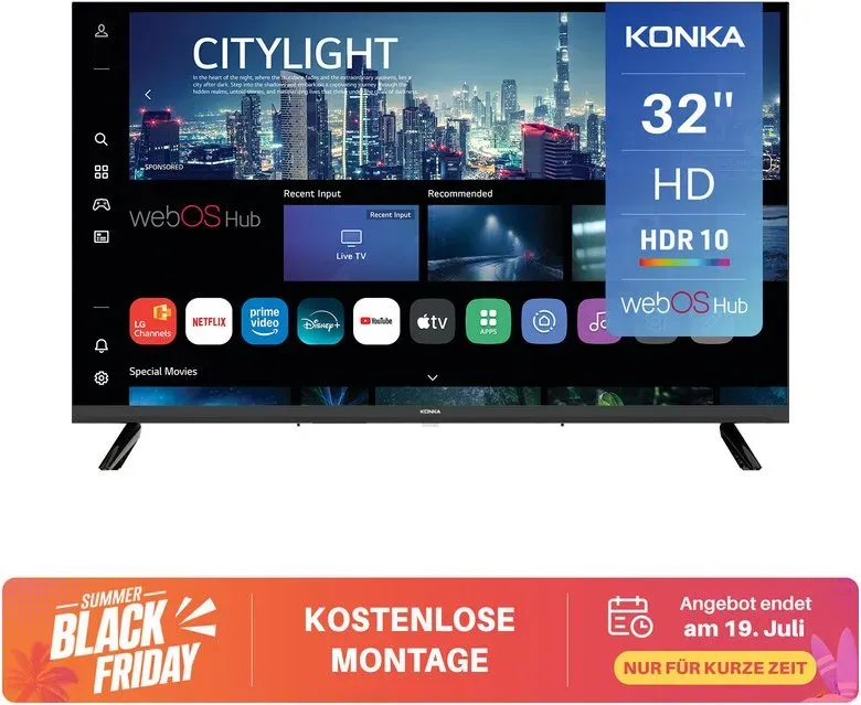 Konka DLED 32 Zoll (80 cm) Smart-TV - 720p HD, webOS Hub, HDR10, Dolby Audio, AirPlay, LG Channels, WLAN, Bluetooth, HDMI eARC, Tuner DVB-T/T2/C/S/S2, Energieeffizienzklasse E, KDG32YR682ANTS
