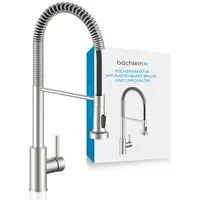 Bächlein Küchenarmatur Nedo – 360 Grad schwenkbar (gebürsteter Edelstahl) – Einhand-Spültischbatterie aus Edelstahl mit flexiblem Hals und Brause mit Umschalt-Taste, Wasserhahn für die Küche