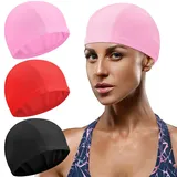 Syhood 3 Stück Elastische Badekappen, Schwarz, Rosa, Rot