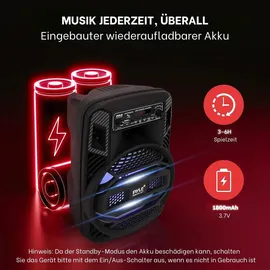 Pyle Audio Pyle Bluetooth PA Musikbox, Partybox, Karaoke Maschine, Soundbox, Bluetooth Lautsprecher Groß, Musikanlage 300W, 8” Subwoofer, mobiles PA System, Akku, USB/MP3,AUX, Mic/Guitar Input, FM, Party Lichter