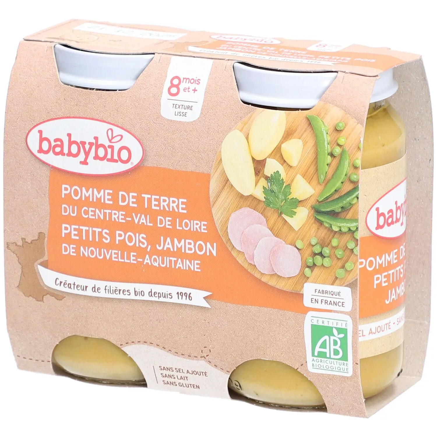 Babybio® Aardappelen uit Centre-Val de Loire, Erwten, Ham uit Nouvelle-Aquitaine 2x200 g