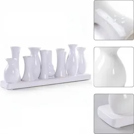 H&D Manufaktur Jinfa Vasen Set Weiß - 10 kleine Blumenvasen auf Tablett - Minivasen Keramik für Tischdeko - Moderne Miniatur Keramikvasen für einzelne Blumen m... - Weiß