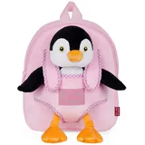 Perletti Kuscheltier Rucksack für Kinder mit Plüschtier - Pluschspielzeug Weich Flauschig und Kindergarten Schultasche mit Tasche für Plüsch Tier - 3 4 5 Jahren Baby Kindertasche 27x21x9 cm (Pinguin)