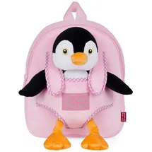 Perletti Kuscheltier Rucksack für Kinder mit Plüschtier - Pluschspielzeug Weich Flauschig und Kindergarten Schultasche mit Tasche für Plüsch Tier - 3 4 5 Jahren Baby Kindertasche 27x21x9 cm (Pinguin)
