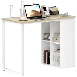 Homcom Schreibtisch Computertisch mit Ablagefächern, Moderner Bürotisch mit Stahlgestell, PC Tisch für Home Office, Arbeitszimmer, klein Raum 100 x 54 x 75 cm, Eiche