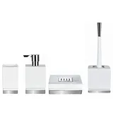 Spirella Badezimmer Set, 4-teiliges Badzubehör aus Porzellan Roma Seifenspender, WC Bürste, Seifenschale, Aufbewahrungsdose und Zahnputzbecher Weiß/Silber