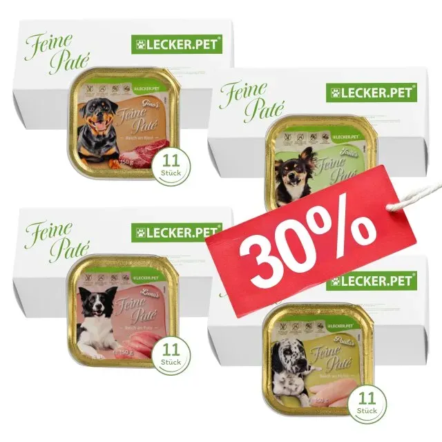 44 x 150 g Lecker.Pet® Gino's, Josie's, Luna's & Paula's Feine Paté Hundefutter Nassfutter Mix Vollnahrung - je Sorte 11 Schalen