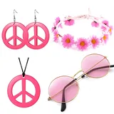 Hippie Kostüm, 5 Stück Hippie Kostüm Damen, Hippie Accessoires, Hippie Haarband, Vintage Hippie Brille Im Stil 60er 70er Jahre,Retro Vintage Brille Friedenszeichen Halskette Sonnenblume Krone Haarband