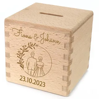 Elefantasie Spardose personalisiert zur Hochzeit mit Namen graviert Sparwüfel Hochzeitstag aus Holz Brautpaar