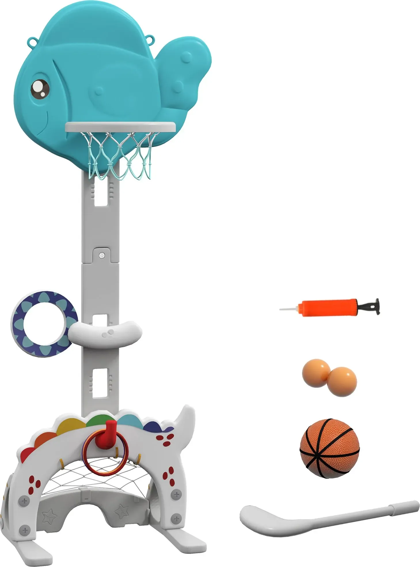 AIYAPLAY 5 in 1 Kinder Basketballkorb Höhenverstellbarer 134-152 cm Basketballkorb mit Basketballs Pumpe Fußballtor Golfball Fischform Indoor Outdoor Spielzeug für Jungen Mädchen 3-6 Jahre Blau+Grau   Aosom