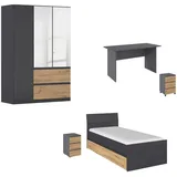 Rauch Jugendzimmer-Set Komplettzimmer Schlafzimmer-Set (5-St) Jugendzimmer-Set JOEL, (Set, 5-tlg., Bett 90x200 oder 140x200 cm, Ausstattungspakete BASIC/CLASSIC/PREMIUM), Bett 2 Breiten,Nachttisch,Tisch,Rollcontainer,Schrank MADE IN GERMANY grau