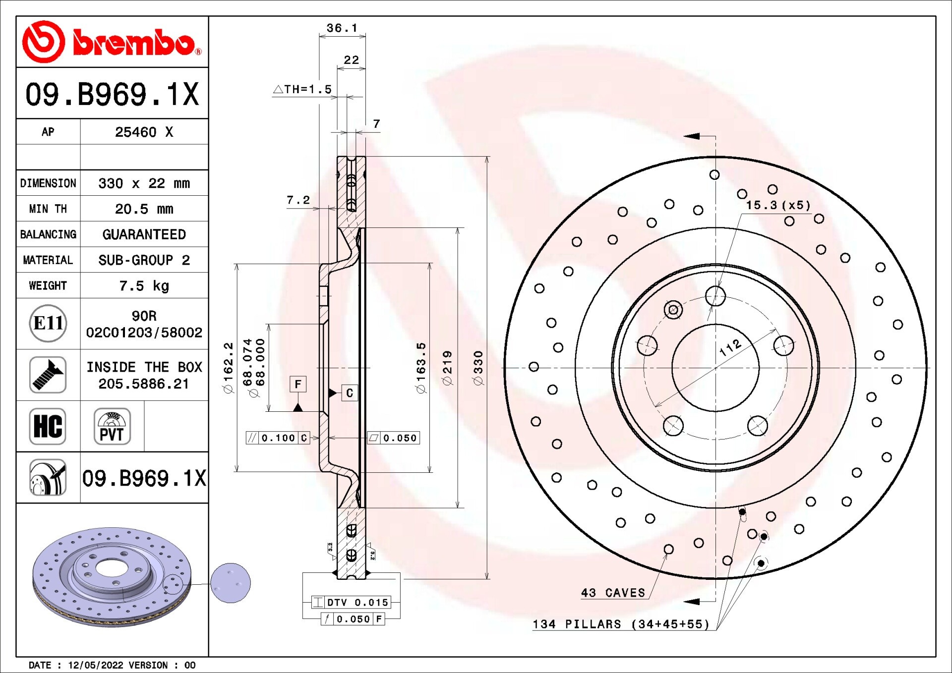 BREMBO Bremsscheibe 09.B969.1X Gelocht/innenbel. für AUDI A7 3.0 TDI A6 C7 2.8 FSI quattro TFSI 2.0 A5 RS5 A8 6.3 W12 Q5 Hybrid S6 S7 S8 1.8 S5 4.0