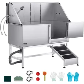 Vevor Hundewaschstation Edelstahl, 1500x700x1495 mm Tierpflegewanne mit Rampe, PE-Wasserfilterplatte, Wasserhahn, Duschkopf & Seifenhalter, für große, mittelgroße & kleine Haustiere (rechte Tür)
