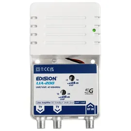 Edision LIA-200 Hausanschlussverstärker UHF/VHF, 12-24db, 104dBmV, Frequenzbereich 47-694Mhz, geeignet für Kabelfernsehen digital und Terrestrisch DVB-T/T2, 5G LTE Filter, 1 Eingang, 2 Ausgänge