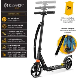 Kesser KESSER® Cityroller Scooter 205mm Räder PU Big Wheel - Pro-S Tretroller mit Doppel Federung, City-Roller, klappbar und Höhenverstellbar, Kickscooter für Erwachsene und Kinder