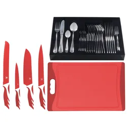 Besteck-Set KING "»BAS« inkl. Etui, 4 Küchenmesser und 1 Schneidebrett", rot, 36 tlg., Edelstahl 18/0, Essbesteck-Sets