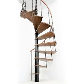 Minka Spindeltreppe Venezia Buche keilgezinkt mit Massivholzhandlauf und UK in weiß Ø120cm bis 309,4cm Geschosshöhe