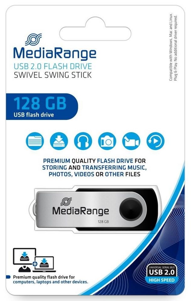Mediarange Mediarange USB Stick 128GB Speicherstick Swivel Swing silber USB-Stick