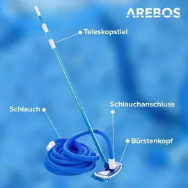 Arebos Poolbürste, Poolreiniger, Saugbürste, Teleskopstange, Poolsauger mit Schlauch, robuste Poolbürste mit seitlichen Borsten