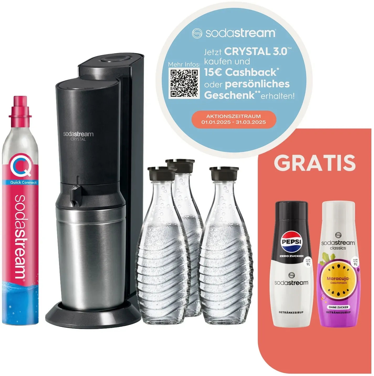 CRYSTAL 3.0 Wassersprudler titan, Bundle inkl. 3x Glasflasche, 1x Sodastream Maracuja ohne Zucker Sirup, 1x Pepsi Zero Zucker Sirup, 1x Quick-Connect Zylinder