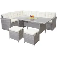 Poly-Rattan-Garnitur HWC-A29, Garten Lounge-Set hellgrau, Kissen creme+2x Hocker