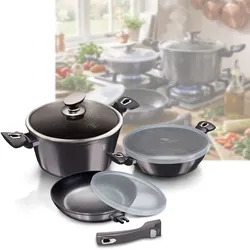 Hochwertiges 3-tlg. Topf- & Pfannen-Set: Aluminium, Deckel, abnehmbarer Griff, edles schwarz & Kunststoff-Abdeckungen - platzsparend und praktisch