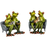 Formano 2er Set Froschpaar mit Haustier auf Sofa lustige Frösche 15x12 cm Figur Dekoration Handbemalt Kunststein Skulptur Froschhausen