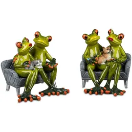 Formano 2er Set Froschpaar mit Haustier auf Sofa lustige Frösche 15x12 cm Figur Dekoration Handbemalt Kunststein Skulptur Froschhausen