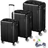 veska Hartschalenkoffer Kofferset 3 teilig mit TSA Zahlenschloss 4 Rollen ABS-Hartschale, Reisekoffer Trolley Rollkoffer Koffer - schwarz - Schwarz