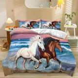 Generisch Bettbezug Aesthetic Weiche Pferde Am Strand Druck 3-teiliges Bettwäsche, 220 x 240 cm Pflegeleicht Atmungsaktiv Bettwäsche für Jugendliche Erwachsene Braun
