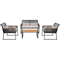Mendler Garten-Garnitur HWC-K42, Gartenlounge Lounge-Set Sitzgruppe Sofa, Seilgeflecht Rope Polywood Stahl, Polster hellgrau