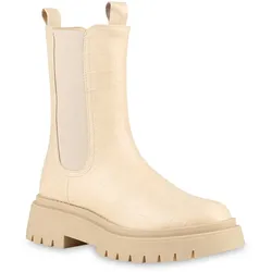 Damen Plateaustiefel in Beige Kroko