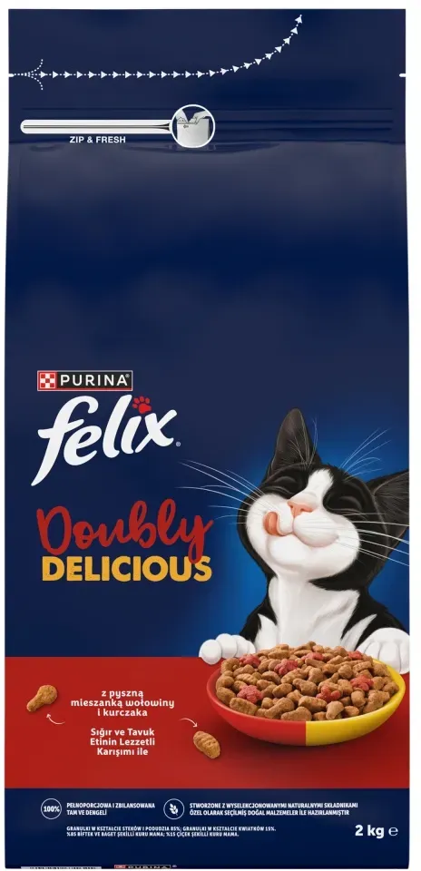 Felix Doubly Delicious Karma für ausgewachsene Katzen mit einer köstlichen Mischung aus Rind und Huhn 2kg