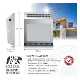 Bearware LED Solar Hausnummernleuchte, Wandlicht mit Nummernset, Warmweiß, PIR, Solarpanel, Ein-/Ausschalter