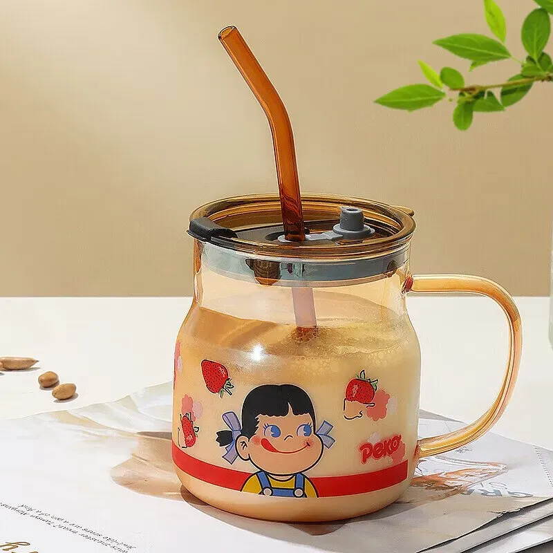BJ Milchtasse aus Hochborosiliciumglas (Frühstückstasse) – für kleine Mädchen, mit Deckel und Strohhalm, 500 ml
