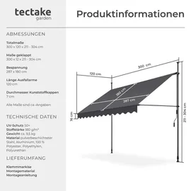 Tectake tectake® Klemmmarkise, mit Handkurbel, höhenverstellbar - 304 cm, einfache Montage