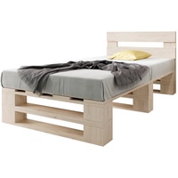sunnypillow Palettenbett M2 aus Holz mit Kopfteil und 2 Bettkästen, 90 x 200 cm + Schubladen Natur beige