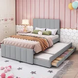 Flieks Polsterbett mit Unterbett, Einzelbett Jugendbett mit Lattenrost und Schubladen, Kinderbett Holzbett Gästebett Tagesbett 90x200/90x190cm, Le... - Grau