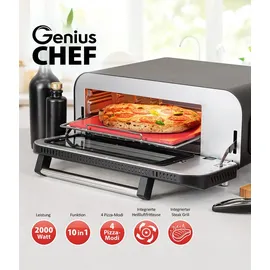 Genius Chef elektrischer Pizzaofen 10 in 1 8 tlg, 400°C, 2000 Watt, integrierter Airfryer, Steakgrill, Pizzastein und Pizzaschieber inklusive, 4 Modi, Warmhalten mit 3-Fach-Verglasung