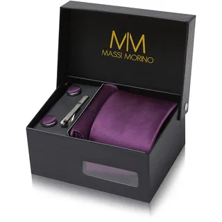 Massi Morino Krawatte Lila mit Einstecktuch Set Herren inkl. Manschettenknöpfe, Krawattennadel und Geschenkbox - Männer Krawattenset - Einheitsgröße
