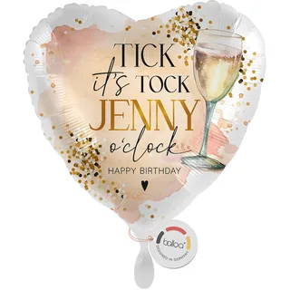 balloa Personalisierter Ballon mit Namen, Geschenk zum Geburtstag, Herz Folieballon Tick Tock Secco Motiv mit Wunschtext Happy Birthday, Helium geeignet, Luftballon Deko für Frauen, 33cm