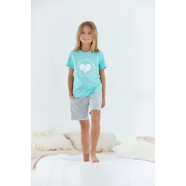 Buffalo Pyjama BUFFALO, Mädchen, Gr. 158/164, grau (mint, grau, meliert), Jersey, Obermaterial: 100% Baumwolle, bedruckt, Basic, bequem kurz, Rundhals, abgesteppte Kante, Homewear-Sets Pyjama, Schlafanzug mit Herz Print vorn