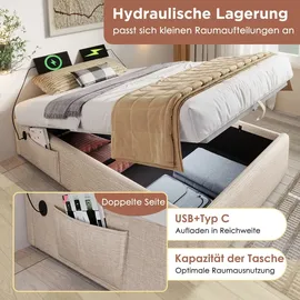 stilvora Polsterbett 140×200cm Doppelbett,Struraumbett Bettgestell mit USB- C und Vollflächiger Lattenrost, Ohne Kopfteil, Leinen,Beige(ohne Matr... - Beige