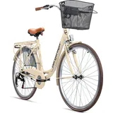 Bergsteiger Paris 26 Zoll Damenfahrrad, ab 140 cm, Korb, Fahrrad-Licht, Shimano 6 Gang-Schaltung, Damen-Citybike, Damenrad im Retro-Design - Beige