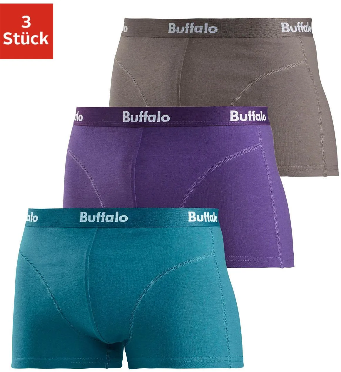 Boxer BUFFALO, Herren, Gr. 3 (XS), bunt (lila, petrol, grau), Jersey, Obermaterial: 95% Baumwolle, 5% Elasthan, Unterhosen, mit Overlock-Nähten vorn