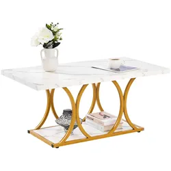 VEVOR Couchtisch Beistelltisch in Marmoroptik, zweistufiger rechteckiger Beistelltisch Sofatisch mit Metallgestell & geometrischen Beinen & 95 kg Tragkraft, minimalistischer Wohnzimmertisch Weiß