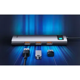 Baseus Metal Gleam 8in1 USB-C to 3x USB 3.1 + HDMI + USB-C PD + RJ45 + microSD/SD USB-Hubs - USB 3.1 - 8 Anschlüsse - Grau